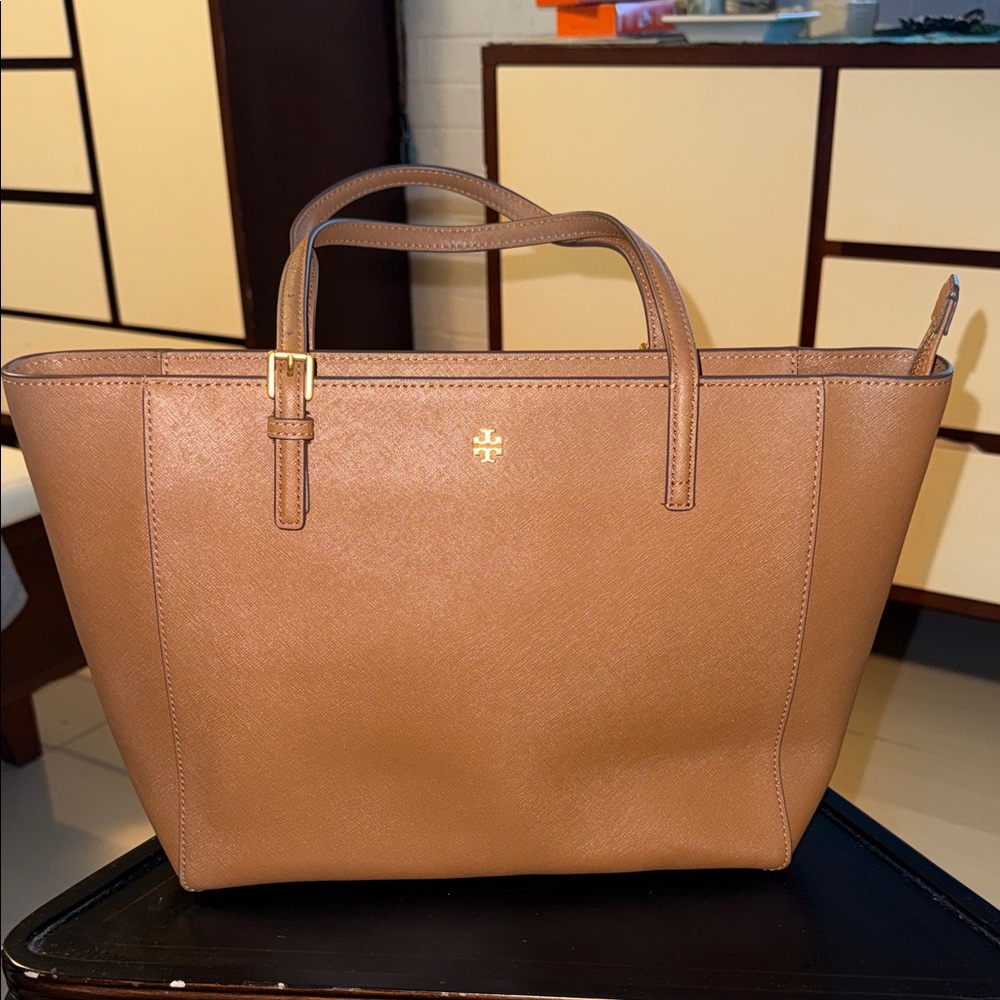 Tory Burch Brown Leather Saffiano Tote with Gold Logo